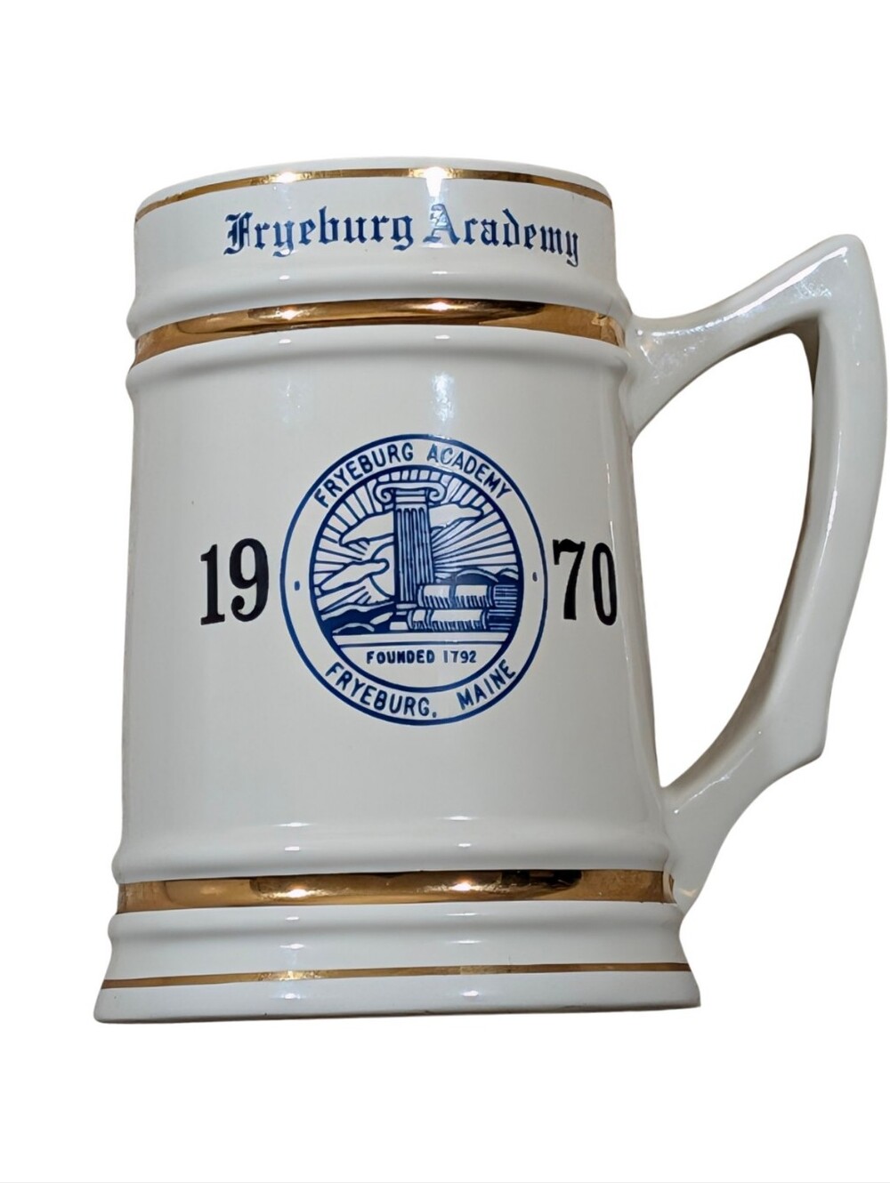 Vintage 1970 Fryeburg Academy Maine Ceramic Stein Mug Lewis Bros NY
